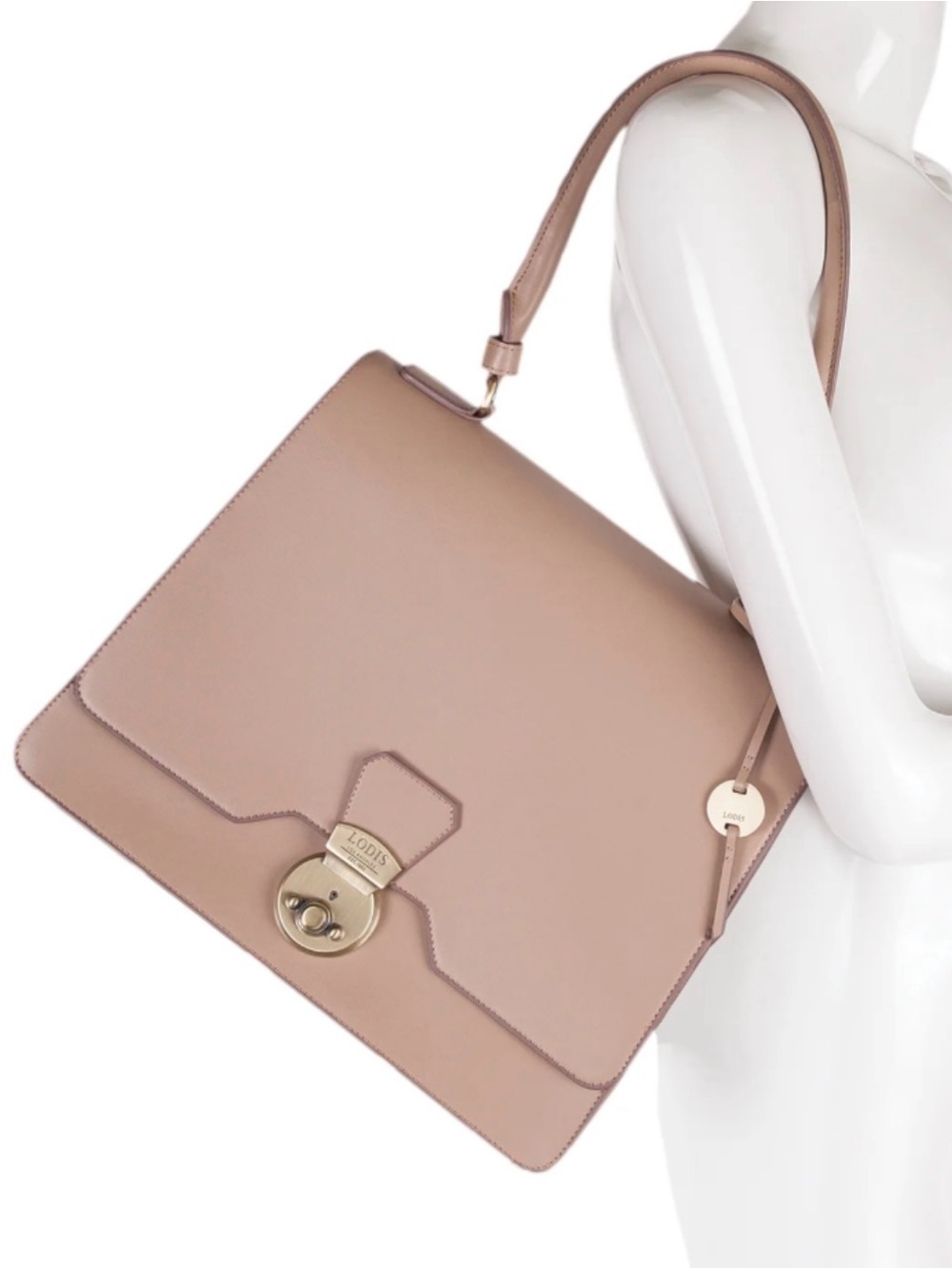 Lodis Nude/Taupe Leather Top-Handle Satchel with Gold Hardware